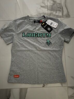 WNBA liberty Heather Gray Tee with Teal Accent and Orange WNBA Tag